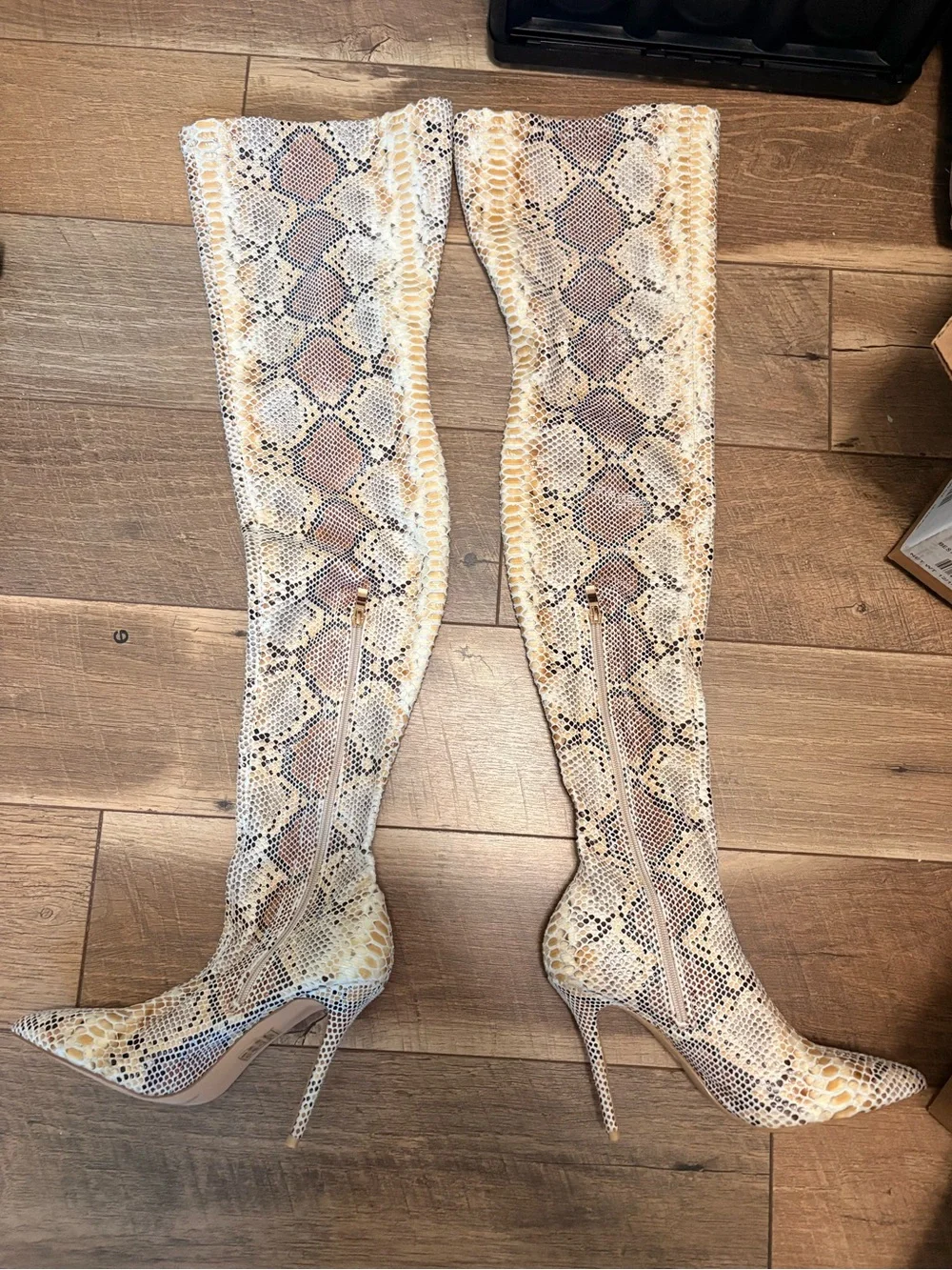Snake-Print Thigh High Stiletto Boots - Tan